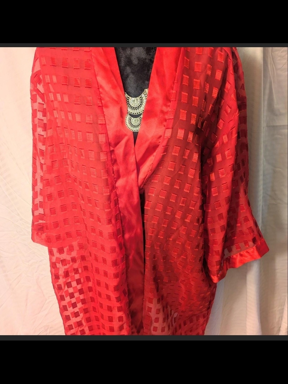 Vintage Red Sheer Satin-Trim Kimono Robe